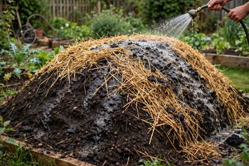 Hugelkultur Raised Bed: the finished straw-mulched mound soaked with a hose before planting