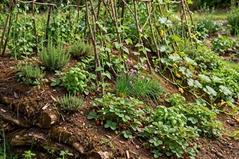Hugelkultur Raised Bed: strawberries, herbs and peas planted across the mound's slopes