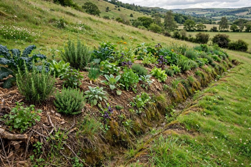 Hugelkultur Raised Bed: a planted hugel swale berm following the contour of a green hillside