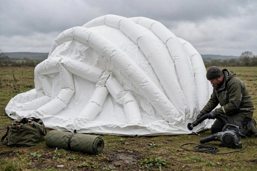 inflatable home concept layouts: inflating an air-beam dome shelter with an electric blower