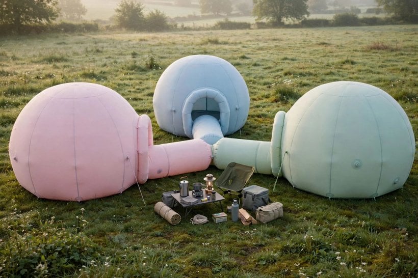 inflatable home concept layouts: cluster of three inflatable pods connected by air-beam tunnels