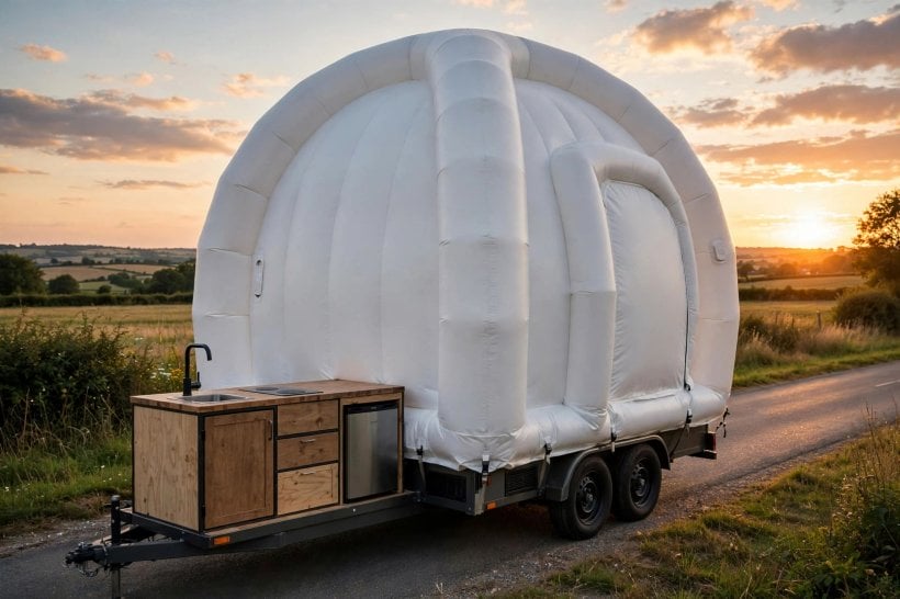 inflatable home concept layouts: hybrid tiny house with inflatable upper structure on a trailer base