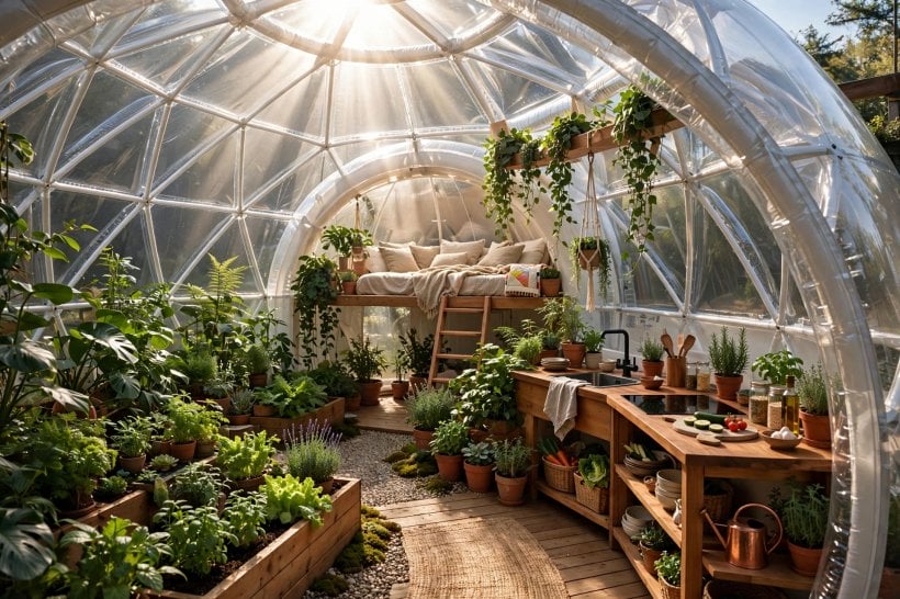 inflatable home concept layouts: greenhouse dome interior with garden plants and a sleeping loft