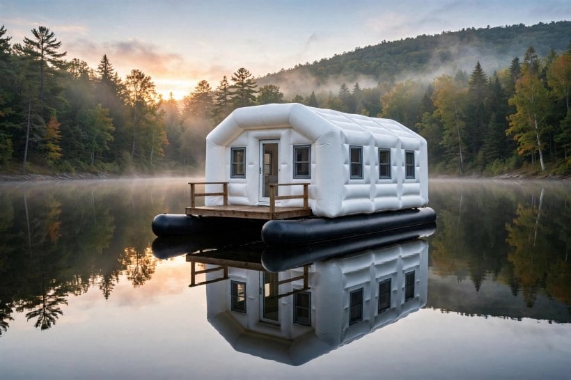 inflatable home concept layouts: inflatable cabin home floating on twin pontoon floats