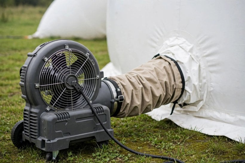 Inflatable House Structural Engineering: a small blower fan pressurizing a residential inflatable dome home