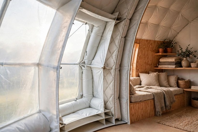 Inflatable House Structural Engineering: a double-membrane wall section with an insulating air gap and inner liner