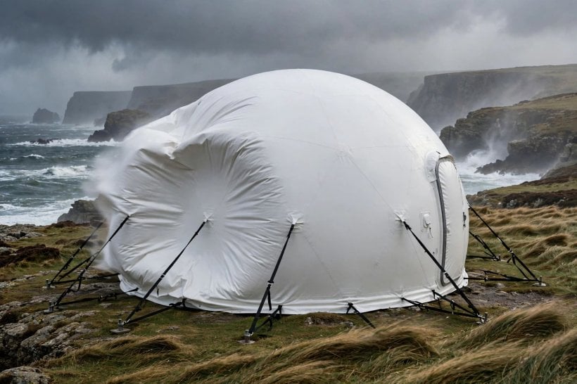 Inflatable House Structural Engineering: a curved inflatable roof shedding strong wind on an exposed site