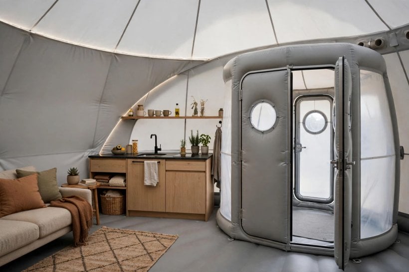 Inflatable House Structural Engineering: a furnished inflatable home interior with an airlock entry vestibule