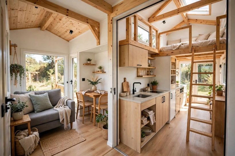 how to install a mini-split in a tiny house: a compact tiny house interior showing the full floor area one 9,000 BTU unit conditions