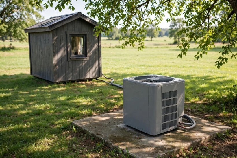 how to install a mini-split in a tiny house: an outdoor condenser on a pad with clear space on every side