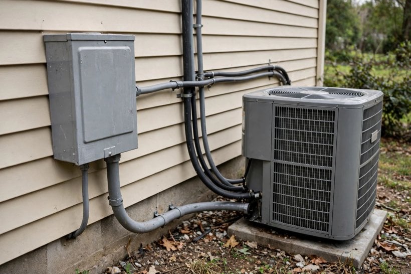 how to install a mini-split in a tiny house: a service disconnect box and dedicated breaker wired beside the outdoor unit