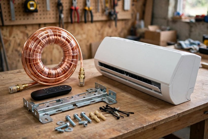 how to install a mini-split in a tiny house: a pre-charged quick-connect line set kit laid out with the indoor head before installation