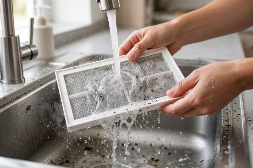 how to install a mini-split in a tiny house: rinsing the indoor head's washable filters under a tap during the monthly clean