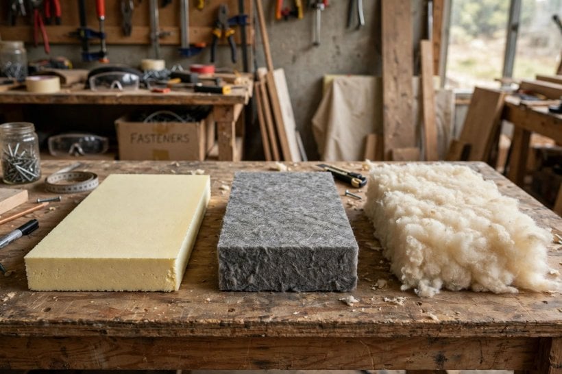 how to insulate a tiny house: foam board, rockwool and sheep's wool samples compared side by side on a workbench