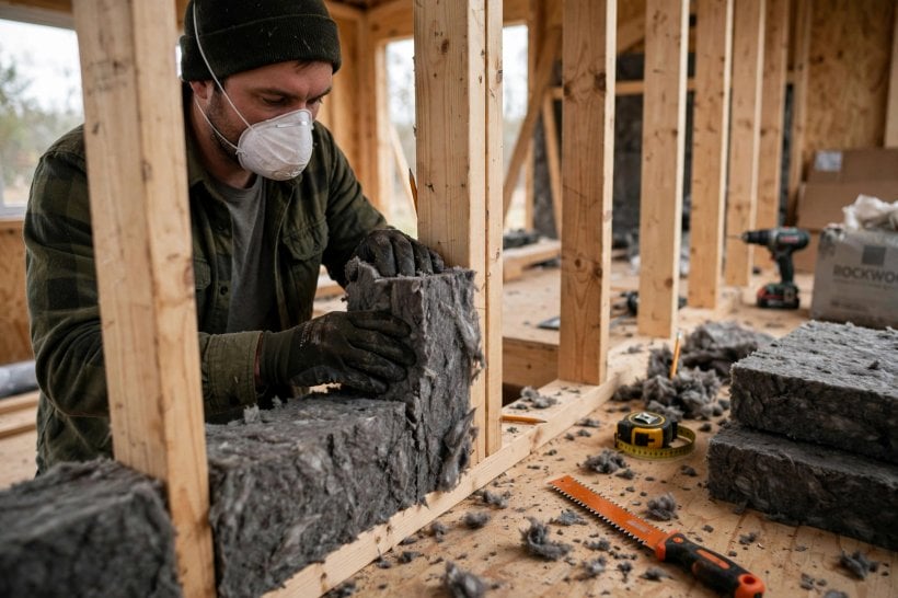 how to insulate a tiny house: friction-fitting rockwool batts between wall studs