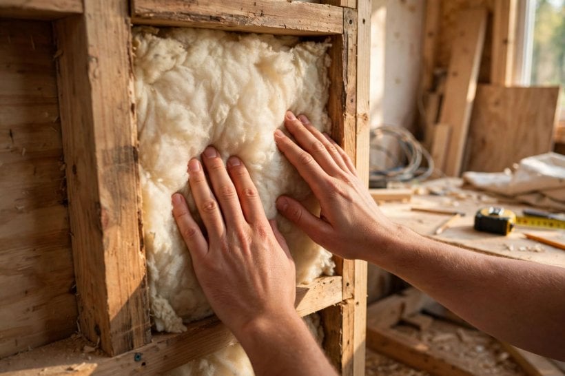 how to insulate a tiny house: pressing a sheep's wool batt into a wall cavity by hand