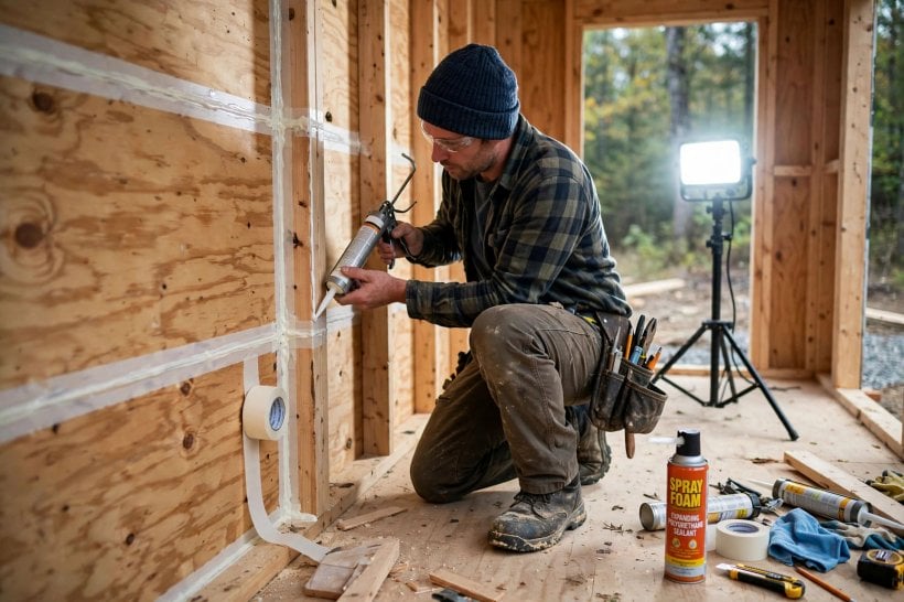 how to insulate a tiny house: caulking framing joints and taping sheathing seams to air-seal the shell