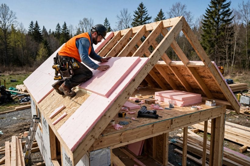how to insulate a tiny house: rigid foam board being laid above the sloped roof deck