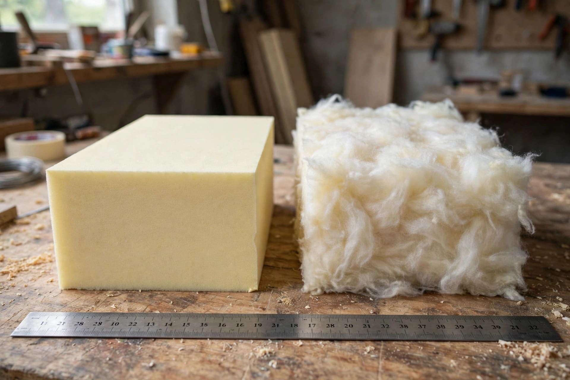 insulation strategy analyzer: foam and wool insulation samples beside a ruler on a workbench