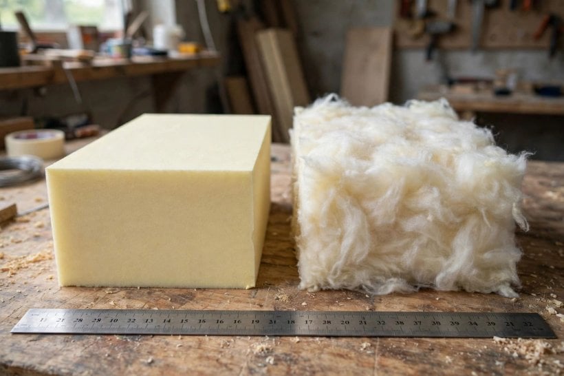 insulation strategy analyzer: foam and wool insulation samples beside a ruler on a workbench