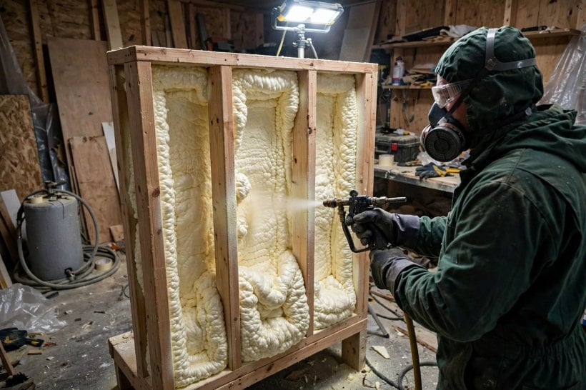 insulation strategy analyzer: spraying closed-cell foam between tiny house wall studs