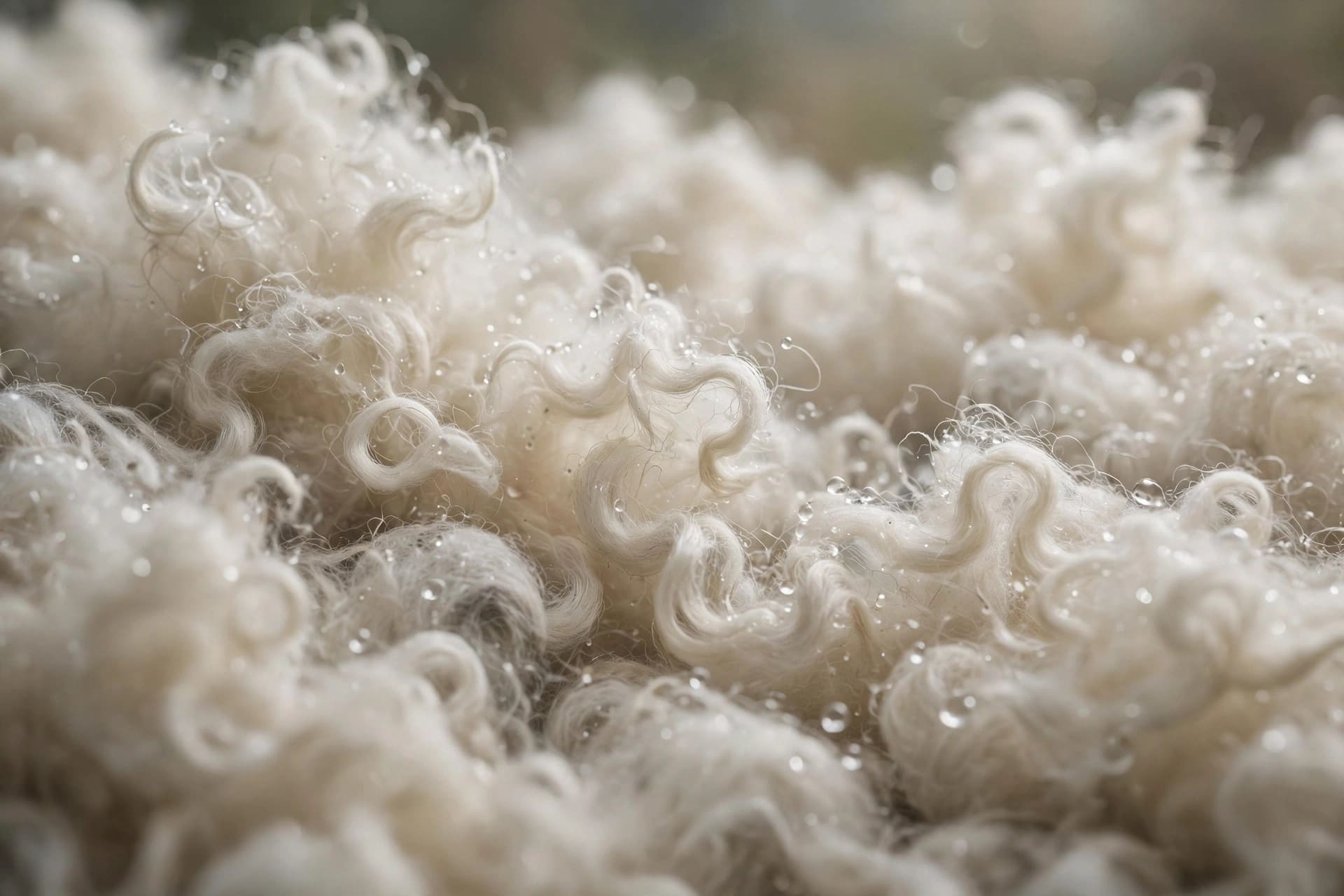 insulation strategy analyzer: sheep wool insulation fibers holding water droplets