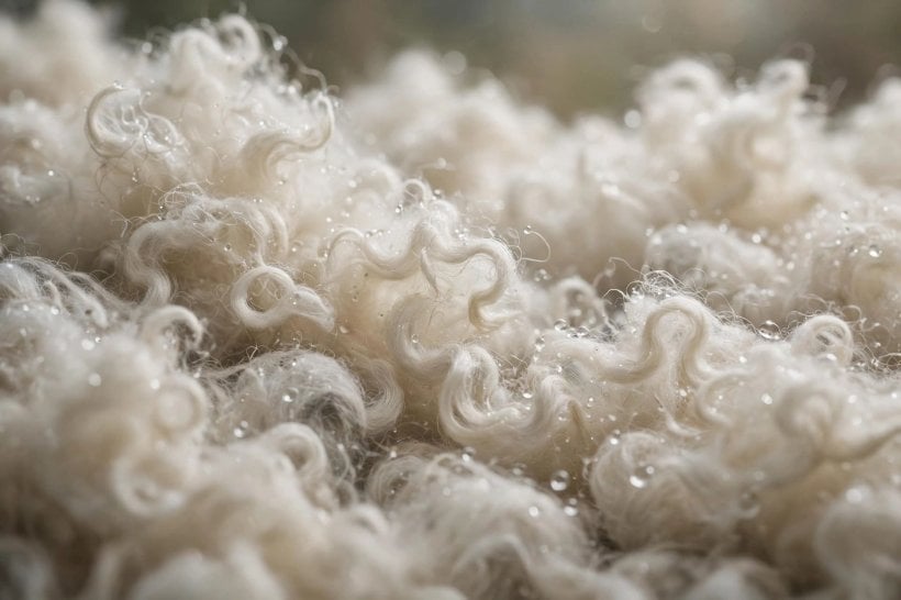 insulation strategy analyzer: sheep wool insulation fibers holding water droplets