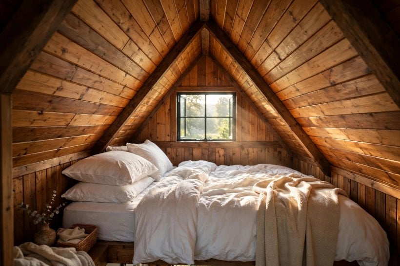 IRC Appendix Q: sleeping loft with reduced headroom, a bed tucked under the sloped roof and a window at the far end