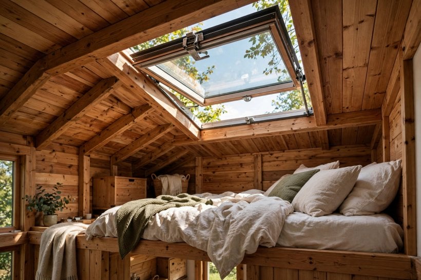 IRC Appendix Q: open skylight egress window above a tiny house loft bed, letting in daylight and fresh air