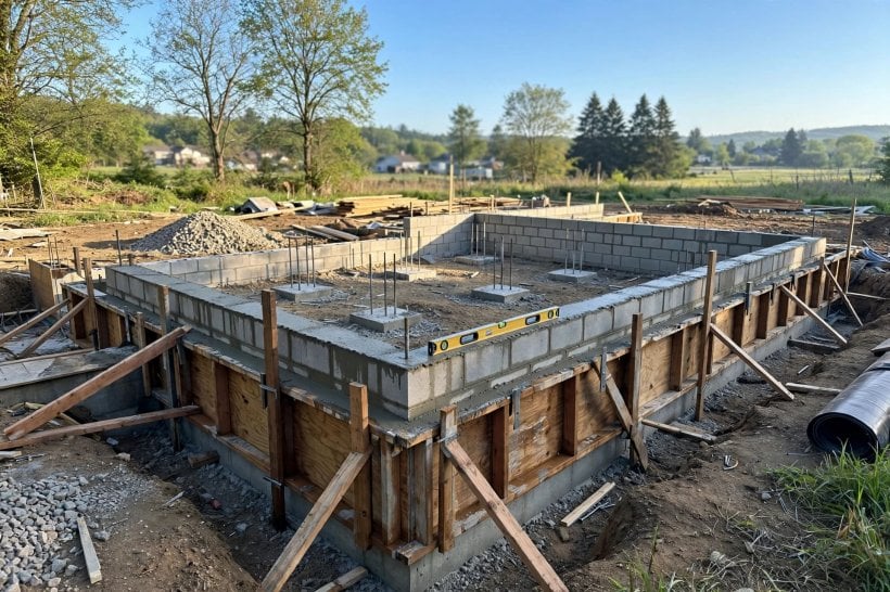 IRC Appendix Q: concrete foundation footings and stem walls under construction for a small house