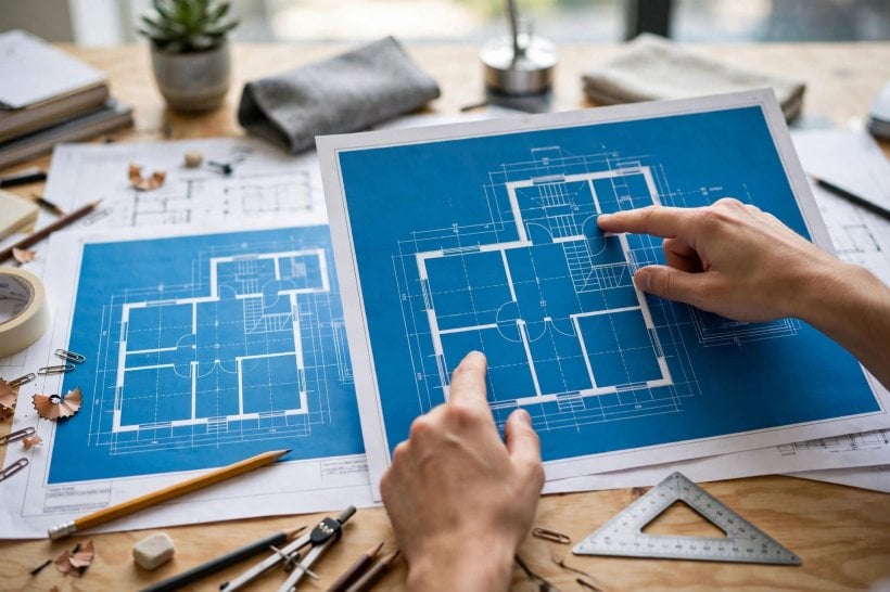 IRC Appendix Q: tiny house floor plans and blueprints spread across a desk for review