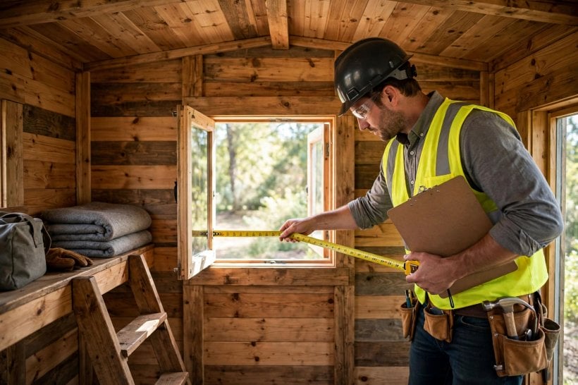 IRC Appendix Q: building inspector measuring the clear opening of a loft egress window with a tape measure