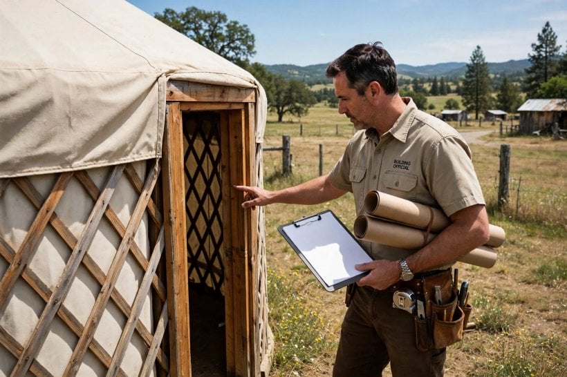 is yurt living legal: building official with clipboard and plans examining a yurt's door frame and lattice wall