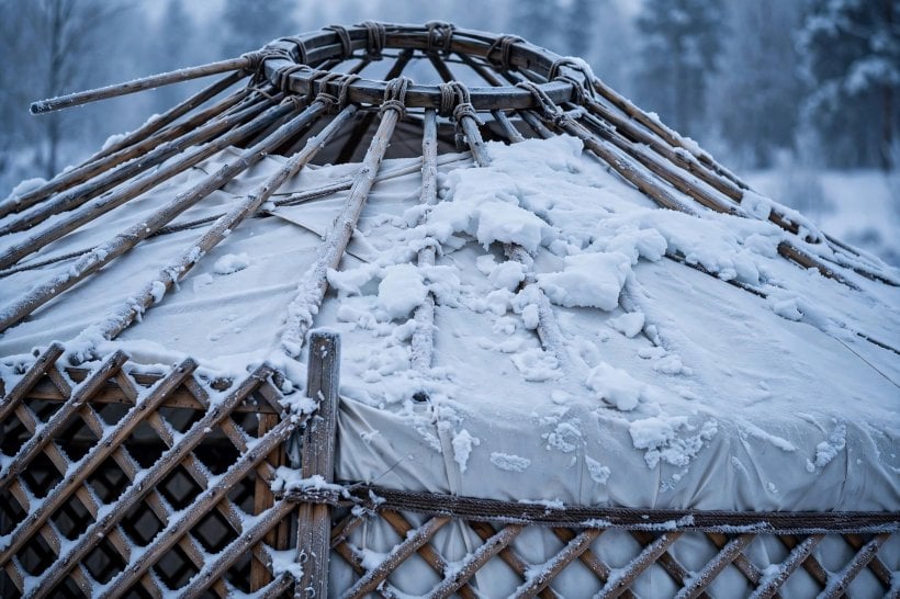 is yurt living legal: snow load on a yurt roof showing the compression ring, tension band and lattice wall