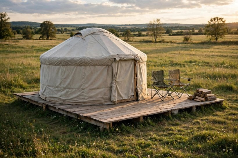 is yurt living legal: yurt on a simple wooden platform deck in an open field as a temporary setup