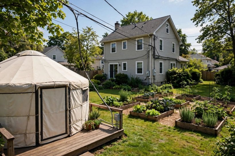 is yurt living legal: yurt on a deck in the backyard of a house as an accessory dwelling unit
