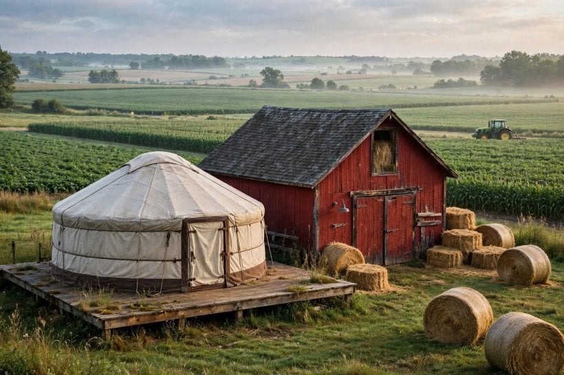 is yurt living legal: yurt beside a red barn on a working farm with crop fields and hay bales