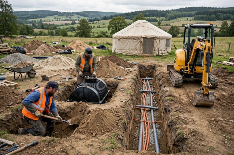is yurt living legal: workers installing a septic tank and utility trenches beside a yurt