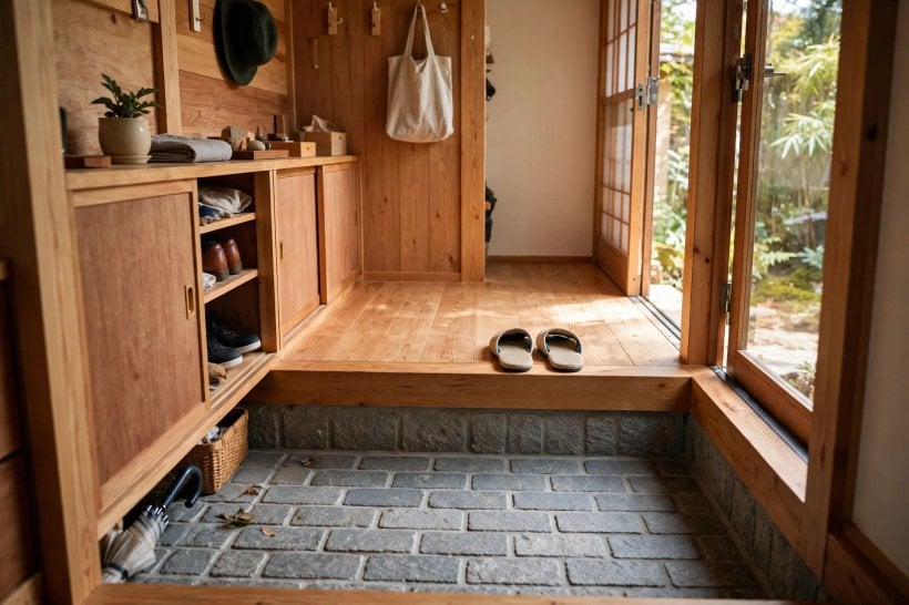 japanese genkan tiny house entryways: stone step-down entry with a built-in shoe cabinet and slippers waiting on the step