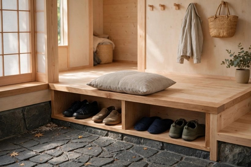 japanese genkan tiny house entryways: built-in bench with shoe storage beneath at the clean and dirty boundary