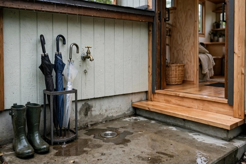 japanese genkan tiny house entryways: sealed concrete wet entry with a floor drain, wet boots and an umbrella stand
