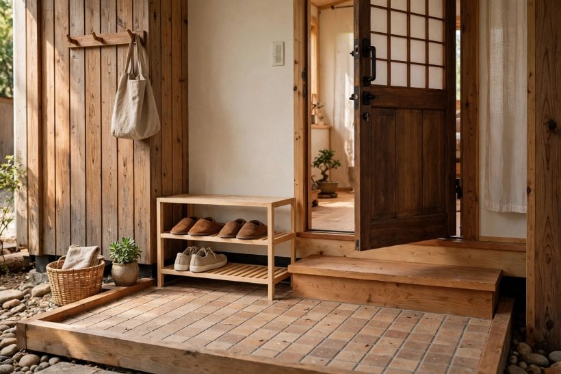 japanese genkan tiny house entryways: compact guest drop zone beside the main door with a simple shoe rack
