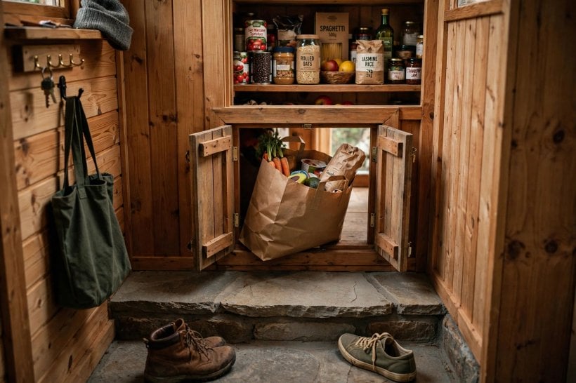 japanese genkan tiny house entryways: pass-through hatch between the entry and the kitchen pantry for unloading groceries