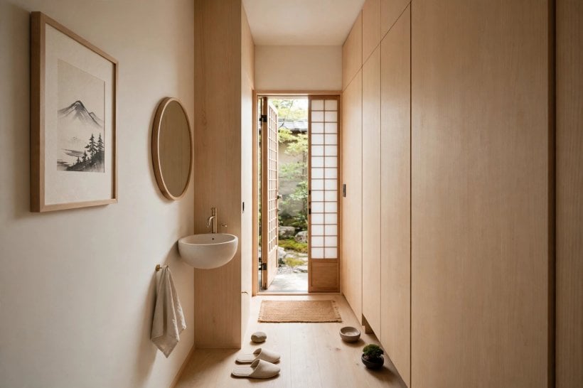 japanese genkan tiny house entryways: minimalist entry gallery with concealed storage panels, a single art piece and a wall-mounted washbasin