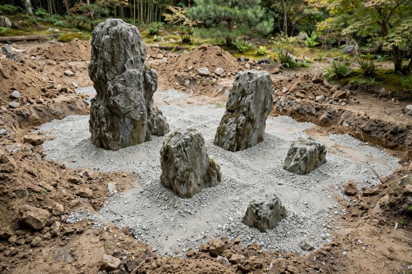 Japanese zen rock garden: rocks of varied heights being set deep into a prepared gravel bed