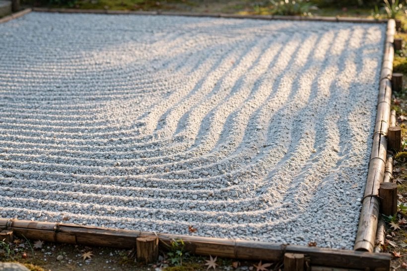 Japanese zen rock garden: a close view of pale angular gravel held by low wooden edging
