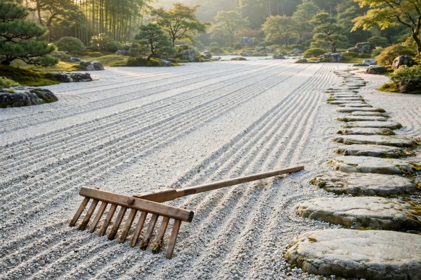 Japanese zen rock garden: a wooden zen rake resting beside stepping stones on a freshly raked field
