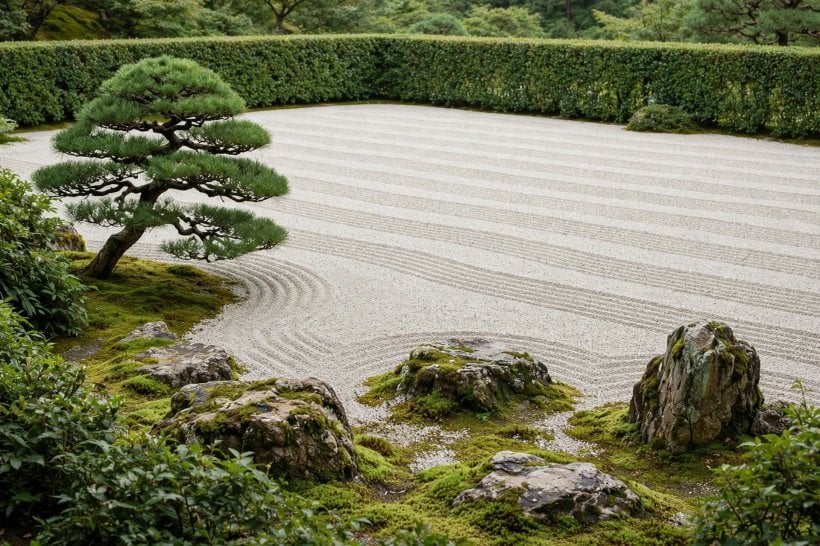 Japanese zen rock garden: moss at the rock bases and a single sculptural pine framing the gravel field