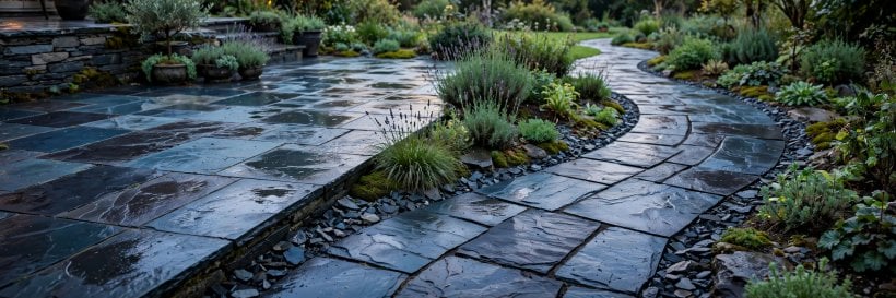 landscaping rock ideas: blue-gray slate flagstone patio and path with slate chip borders