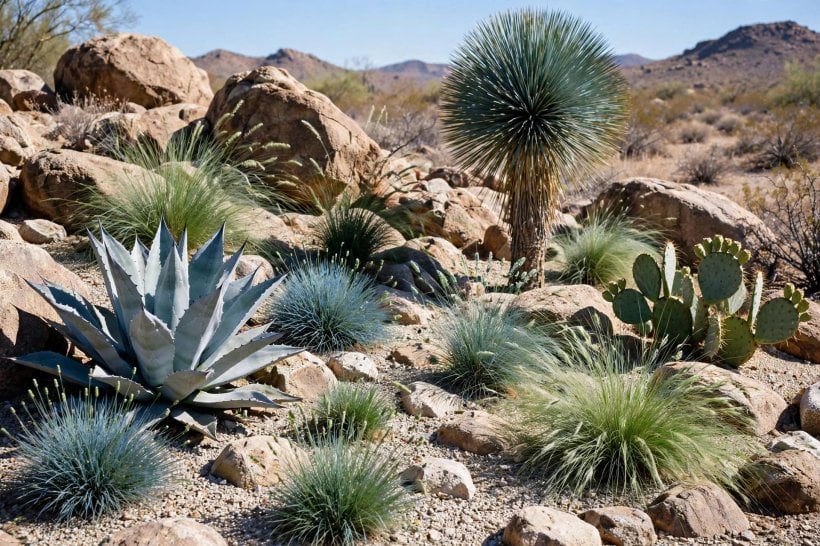 Landscaping with Rocks: agaves, yucca and ornamental grasses planted among desert boulders